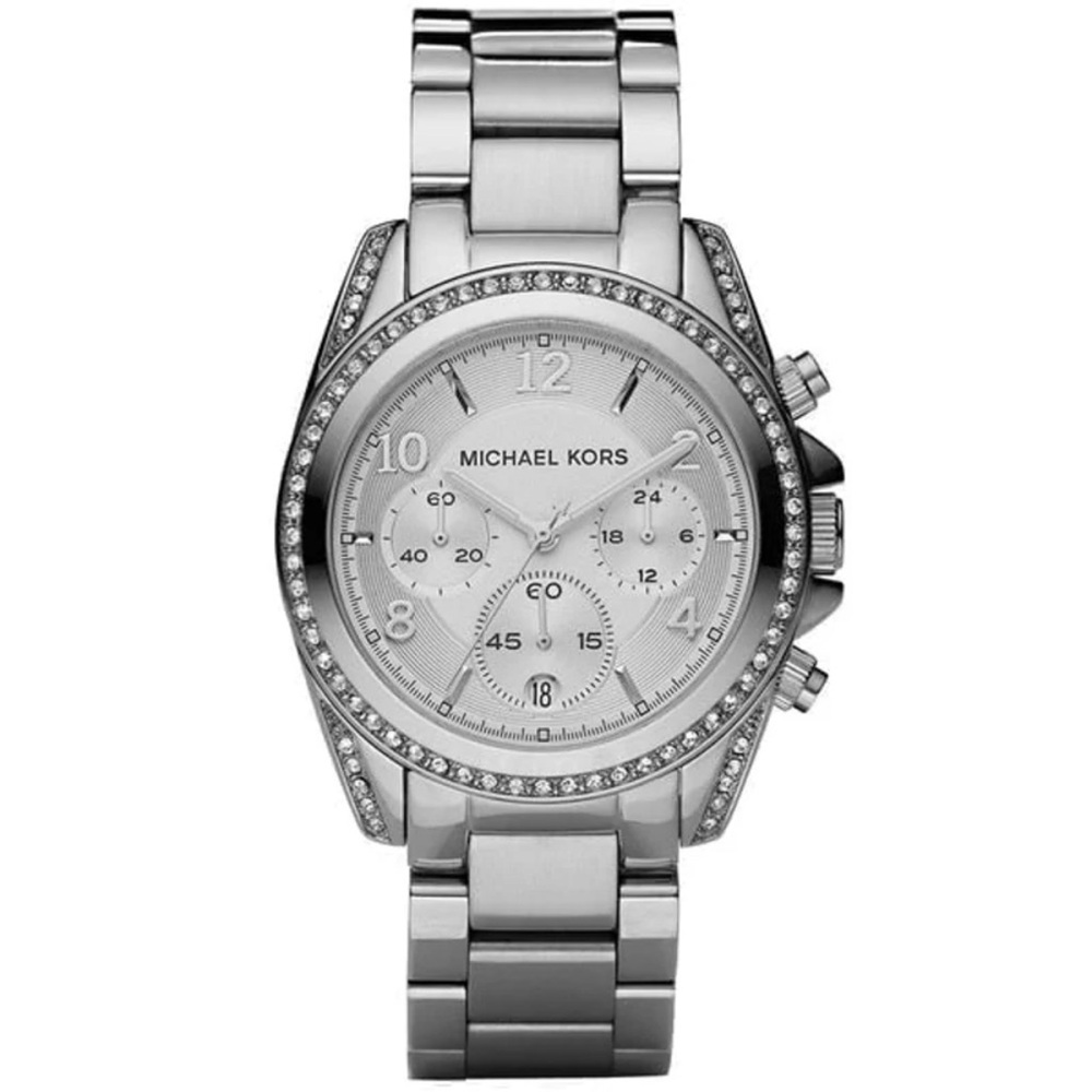 Michael Kors Silver Chronograph Watch with Crystal Bezel